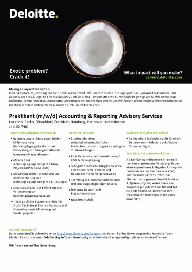 Deloitte: Praktikant (m/w/d) Accounting & Reporting Advisory